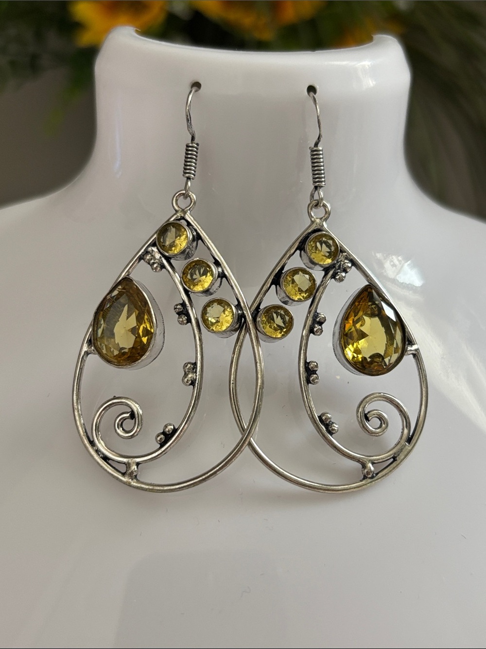 Sterling Elegant Teardrop Citrine Gemstone Dangle Earrings